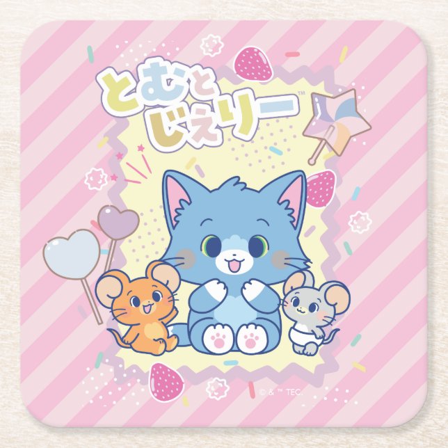 Anime Tom and Jerry Strawberry Fun Square Paper Coaster (Front)