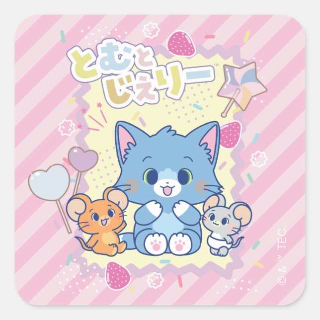 Anime Tom and Jerry Strawberry Fun Square Sticker (Front)