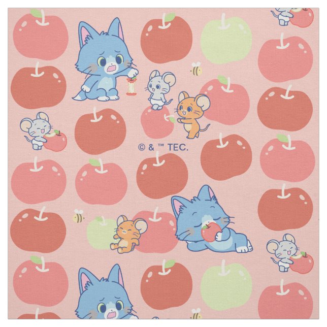 Anime Tom, Jerry, and Tuffy Apple Pattern Fabric (Swatch)