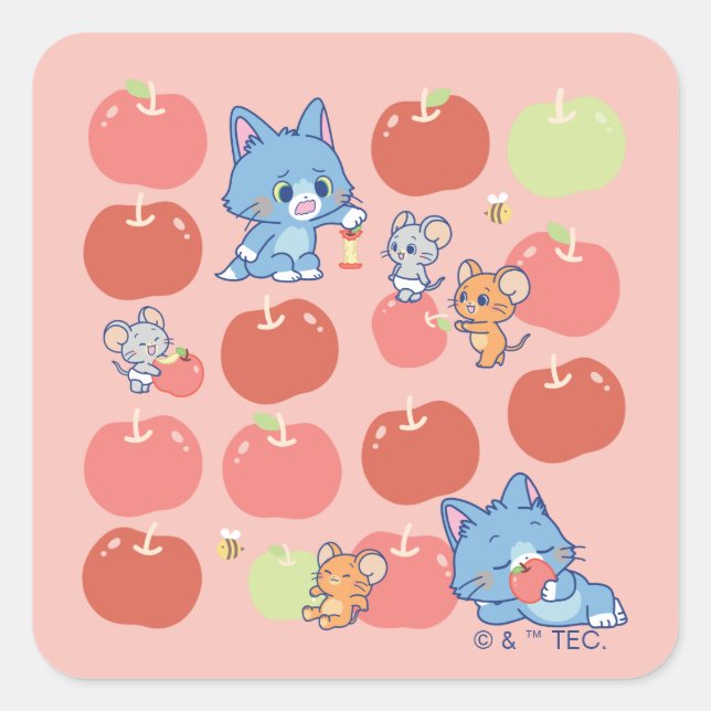 Anime Tom, Jerry, and Tuffy Apple Pattern Square Sticker (Front)