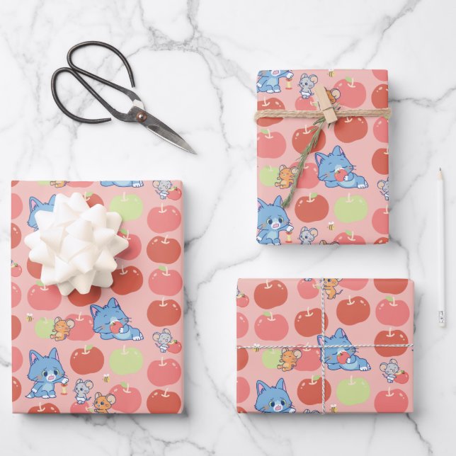 Anime Tom, Jerry, and Tuffy Apple Pattern Wrapping Paper Sheets (Front)