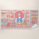 Anime Tom, Jerry, and Tuffy Bakery Beach Towel<br><div class="desc">This charming anime graphic transports viewers into a pastel-colored bakery where the beloved characters from "Tom and Jerry" are busy whipping up delicious treats. Tom, donning a chef's hat, is the happy chef, joyfully preparing a cake adorned with fresh fruits. Tuffy, looking content, sits on a plate of fruit, while...</div>