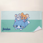 Anime Tom, Jerry, and Tuffy Beach Towel<br><div class="desc">This adorable anime graphic features Tom, Jerry, and Tuffy in a delightful display of camaraderie and fun. Tom, the large gray cat, has a big, welcoming smile, serving as a soft and cozy seat for his little friends. Jerry, the brown mouse, and Tuffy, the gray mouse, are perched happily atop...</div>