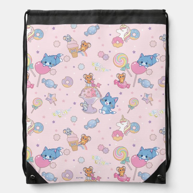 Anime Tom, Jerry, and Tuffy Candyland Pattern Drawstring Bag (Front)