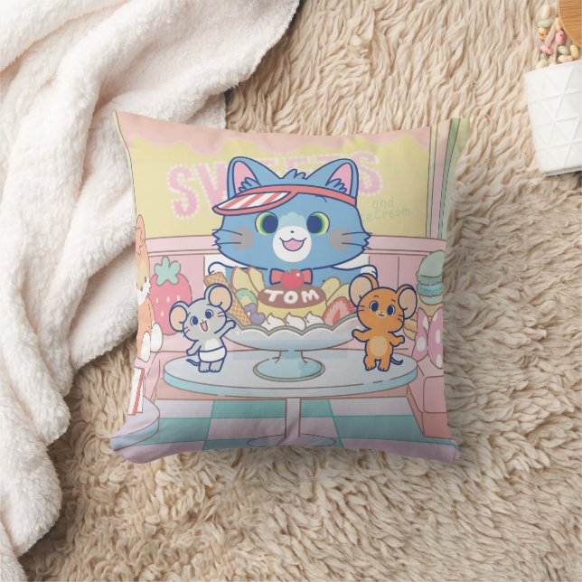 Anime Tom, Jerry, and Tuffy Dessert Parlor Throw Pillow (Blanket)