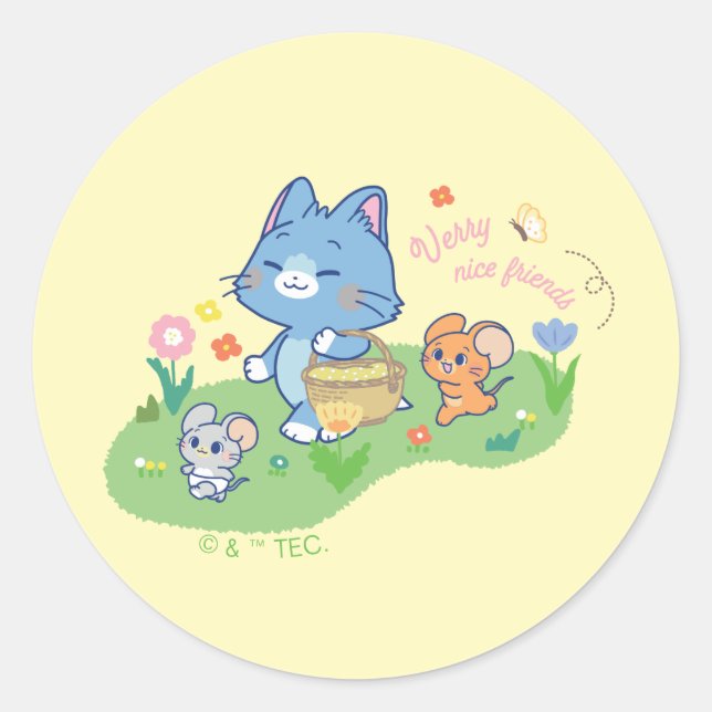 Anime Tom, Jerry, and Tuffy Picnic Classic Round Sticker (Front)