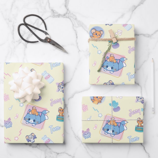 Anime Tom, Jerry, and Tuffy Playtime Pattern Wrapping Paper Sheets (Front)