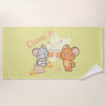 Anime Tuffy and Jerry Cheers to Cheese Beach Towel<br><div class="desc">This heartwarming anime graphic captures a delightful moment between Tuffy and Jerry, the beloved mice from "Tom and Jerry". Here, they are depicted cheerfully clinking glasses of juice in a toast, surrounded by chunks of delicious cheese. Tuffy wears a content smile, while Jerry appears joyously animated. Their expressions and the...</div>