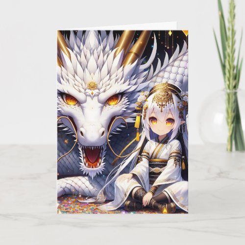 Anime Warrior and Dragon Girls Birthday Card