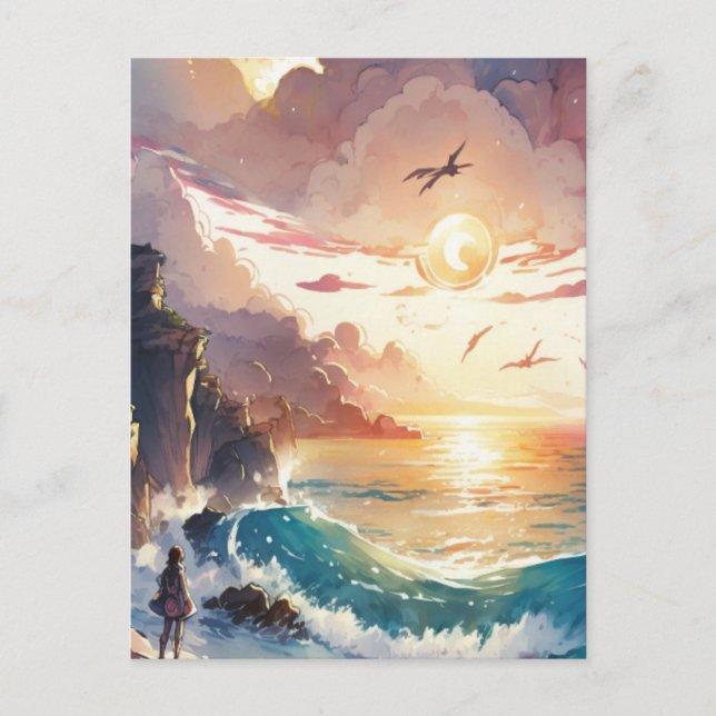 Anime watercolor of young girl and sunset postcard (Front)