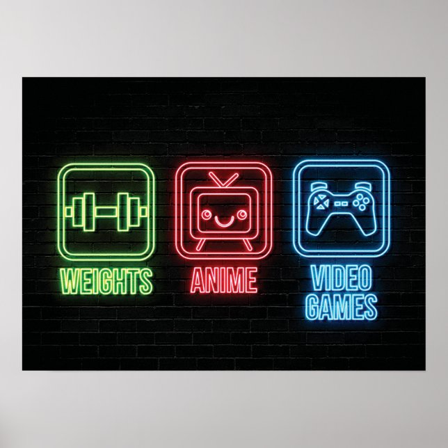 Anime, Weights, Video Games - Retro Neon Poster (Front)