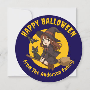 Anime Witch & Cat On Broom Halloween Holiday Card