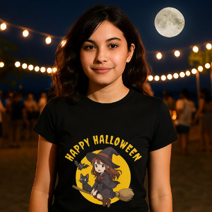 Anime Witch & Cat On Broom Halloween T-Shirt
