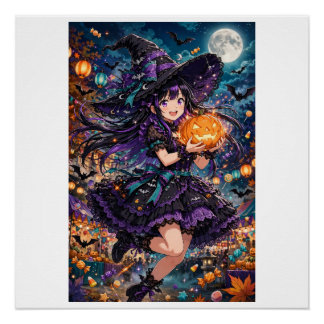 Anime Witch Girl Halloween Illustration Poster