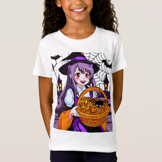Anime Witch with Basket of Pumpkins T-Shirt (Front)
