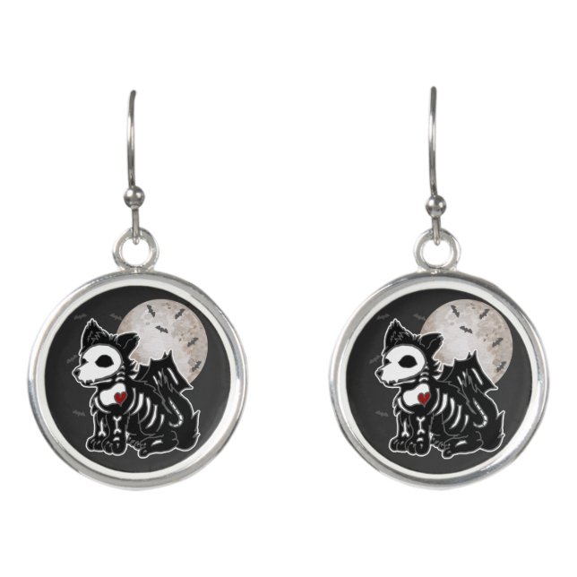 Anime Wolf Emo Goth Edgy Skeleton Halloween Dog Earrings (Front)
