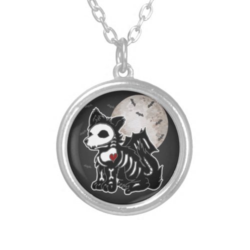 Anime Wolf Emo Goth Edgy Skeleton Halloween Dog Silver Plated Necklace