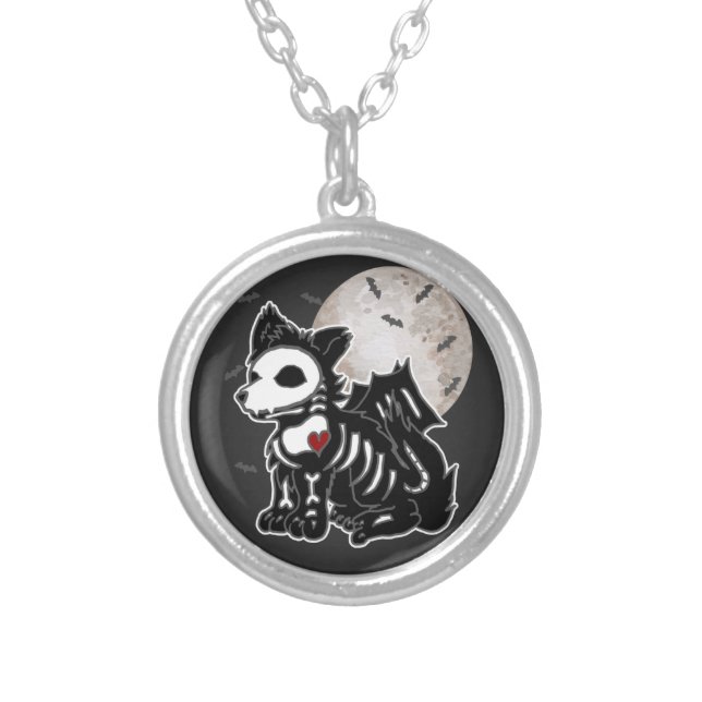 Anime Wolf Emo Goth Edgy Skeleton Halloween Dog Silver Plated Necklace (Front)