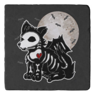 Anime Wolf Emo Goth Edgy Skeleton Halloween Dog Trivet