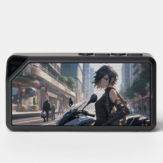 Anime woman biking downtown bluetooth speaker (Front)