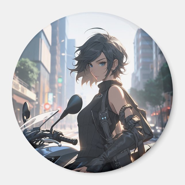 Anime woman biking downtown magnet (Front)