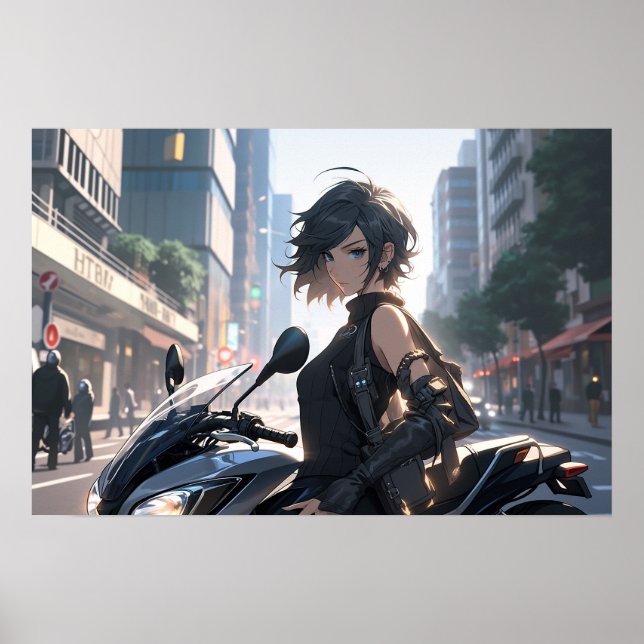 Anime woman biking downtown poster (Front)