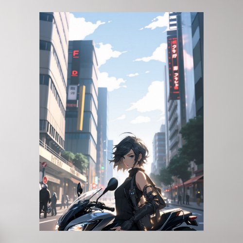 Anime woman biking downtown _ Ultra tall Poster