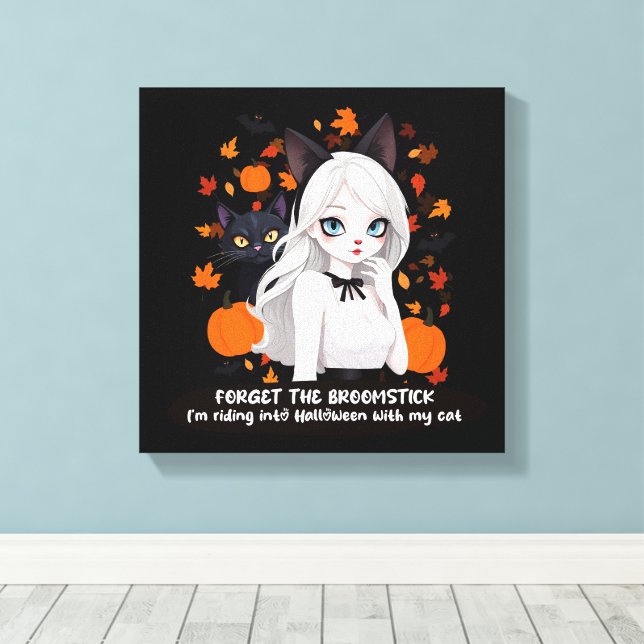 Anime woman with black cat. canvas print (Insitu(Wood Floor))