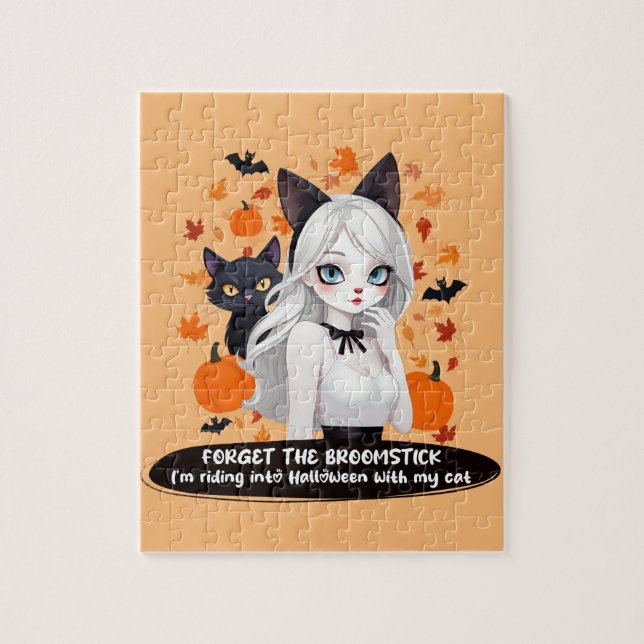 Anime woman with black cat. jigsaw puzzle (Vertical)