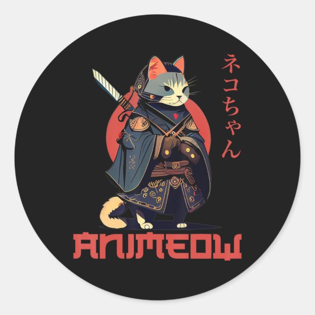 ANIMEOW Fun Cute Samurai Kawaii Cat Ninja Costume  Classic Round Sticker (Front)
