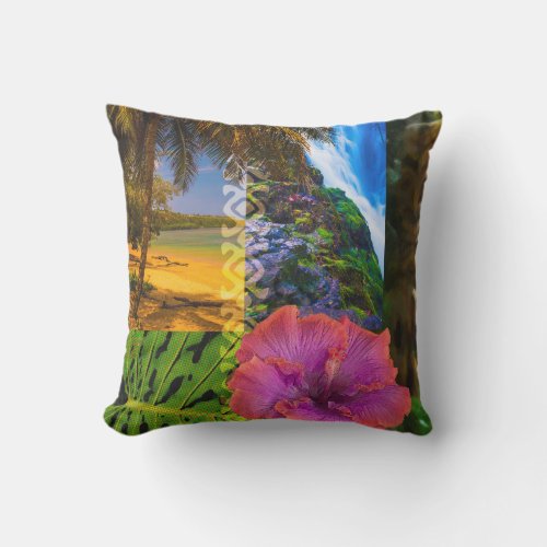 Anini Beach Kauai Hawaiian Collage Reversible Throw Pillow