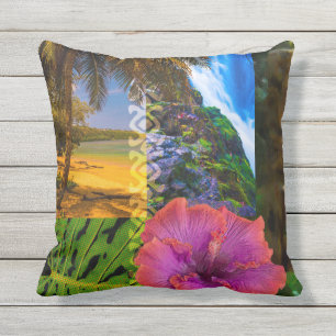 Anini Beach, Kauai Hawaiian Collage Reversible Throw Pillow