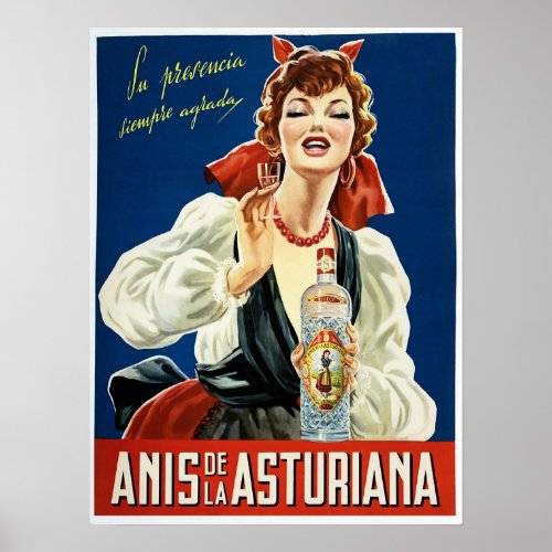 ANIS DE LA ASTURIANA Spanish Aniseed Liquor Old Poster