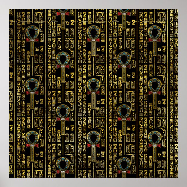 Ankh  and Egyptian hieroglyphs pattern Poster (Front)