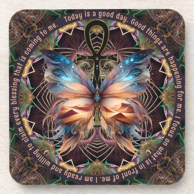 Ankh Butterfly Life Symbol Mandala Affirmation Beverage Coaster (Front)