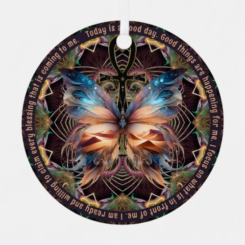 Ankh Butterfly Life Symbol Mandala Affirmation Metal Ornament