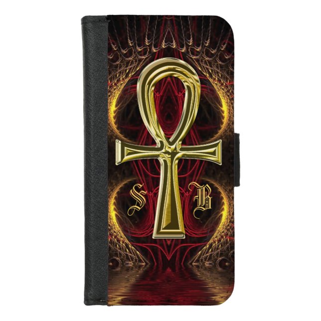 Ankh Gold Goddess Monogram Initials Gold Ankh iPhone Wallet Case (Front)