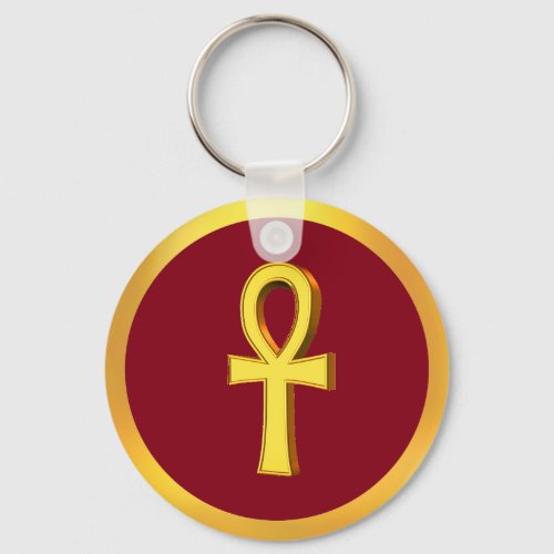 Ankh Tau Cross with Golden Circle on Crimson Keychain
