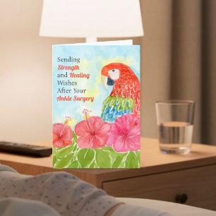 Ankle Surgery Healing Scarlet Macaws, Hibiscus Card