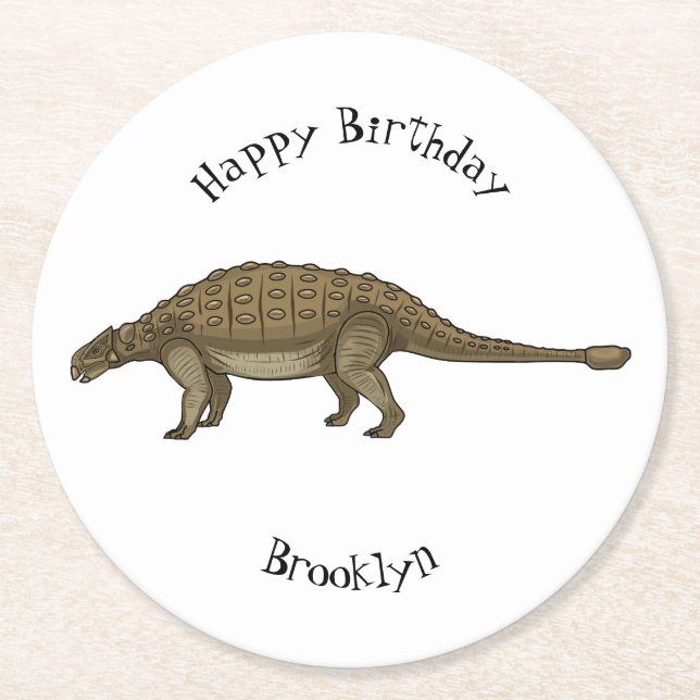 Ankylosaurus cartoon illustration round paper coaster (Front)