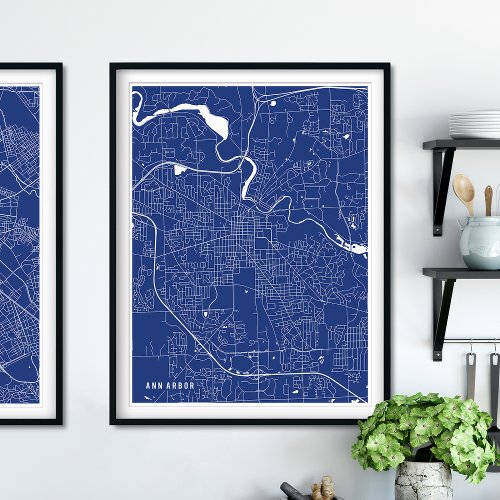 Ann Arbor Map Modern Navy Blue City Map Poster