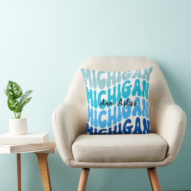 Ann Arbor Michigan Retro Blue Throw Pillow (Chair)