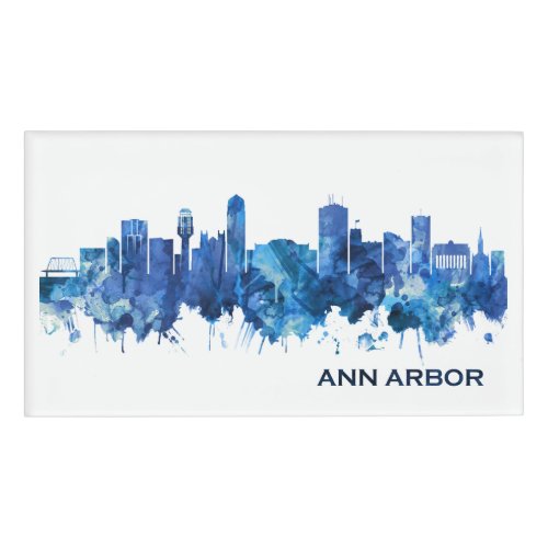 Ann Arbor Michigan Skyline Blue Name Tag
