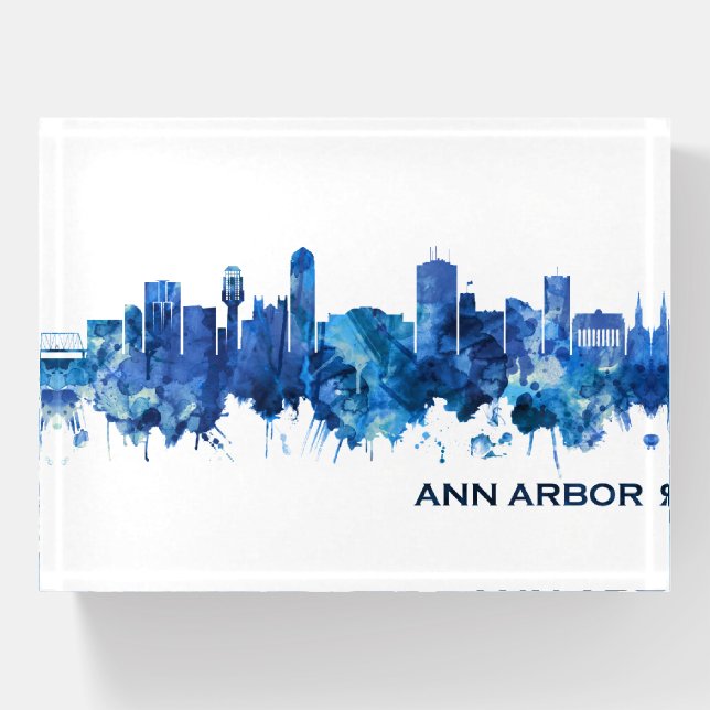 Ann Arbor Michigan Skyline Blue Paperweight (Front)
