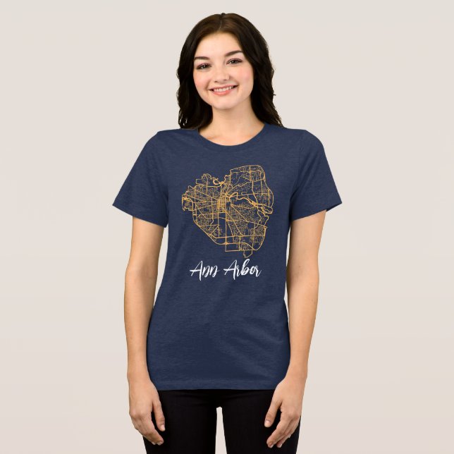 Ann Arbor Michigan Street Map Blue and Maize Tri-Blend Shirt (Front Full)