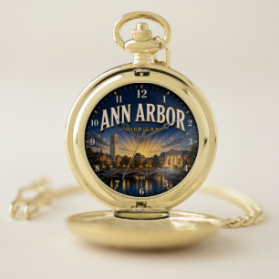 Ann Arbor Michigan Sunset Premium Skyline Pocket Watch