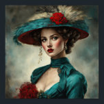 Anna A Proper Art Deco Lady Poster<br><div class="desc">Anna is a proper,  beautiful Art Deco woman. She is dressed in a lovely vintage gown with a matching hat with feathers and a flower. A beautiful portrait showing a example a woman in a bygone era. Beautiful color combination of turquoise and cream with a touch of red.</div>