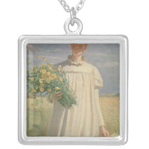 Anna Ancher returning from Flower Picking, 1902 Silver Plated Necklace