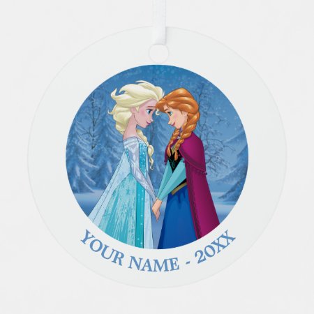 Anna And Elsa | Facing Each Other Add Your Name Metal Ornament