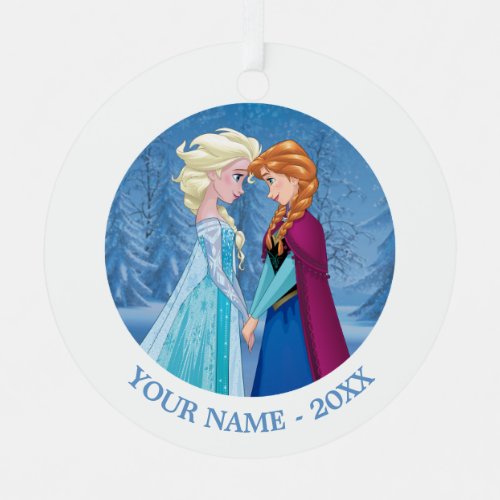 Anna and Elsa  Facing Each Other Add Your Name Metal Ornament